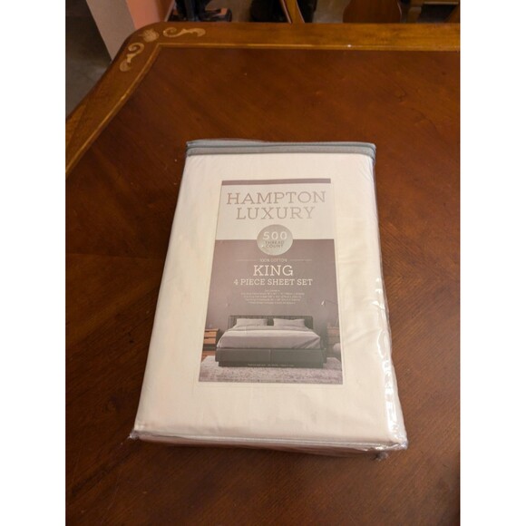 Hampton House King Sheet Set 4pcs White Pillow Cases100% Cotton Sateen 500 TC - Picture 1 of 7
